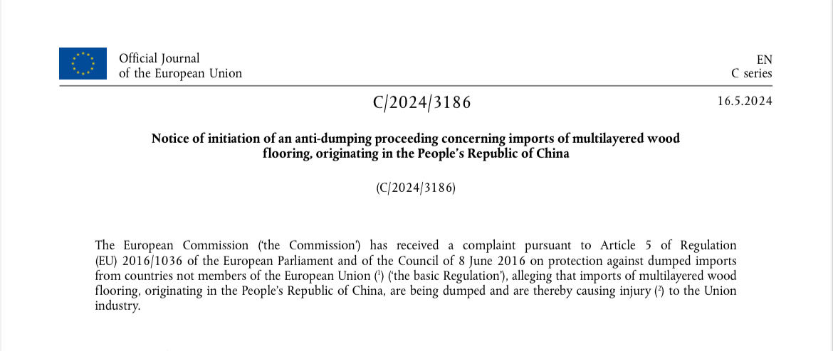 Die Europäische Kommission hat beschlossen, eine Antidumpinguntersuchung zu mehrschichtigen Holzböden mit Ursprung in China durchzuführen